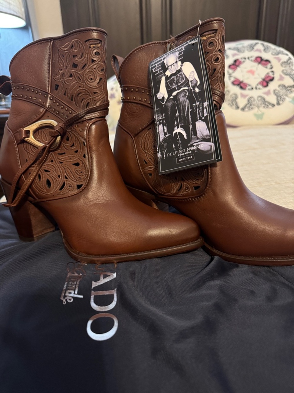 Women's Brown Leather Ankle Booties with Stud & Cutout Detail
